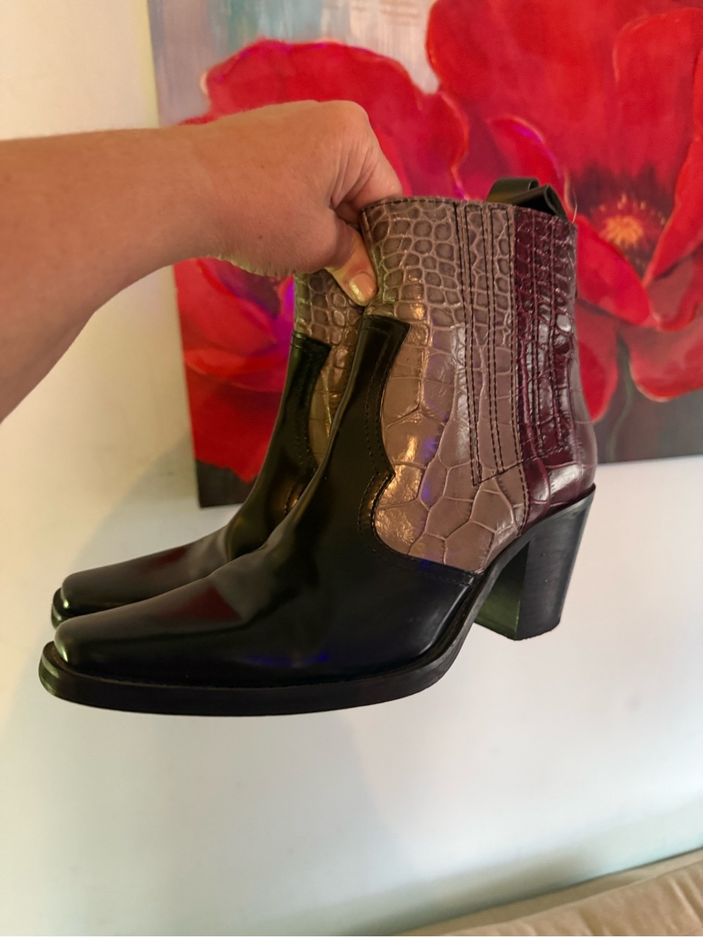 GANNI Womens Chelsea Ankle Boots EU 40 US 9.5 Leather Croc Square Toe western